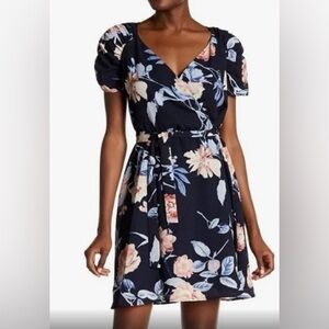 19 Cooper - Navy Blue Flower Print Wrap Dress - Size Small